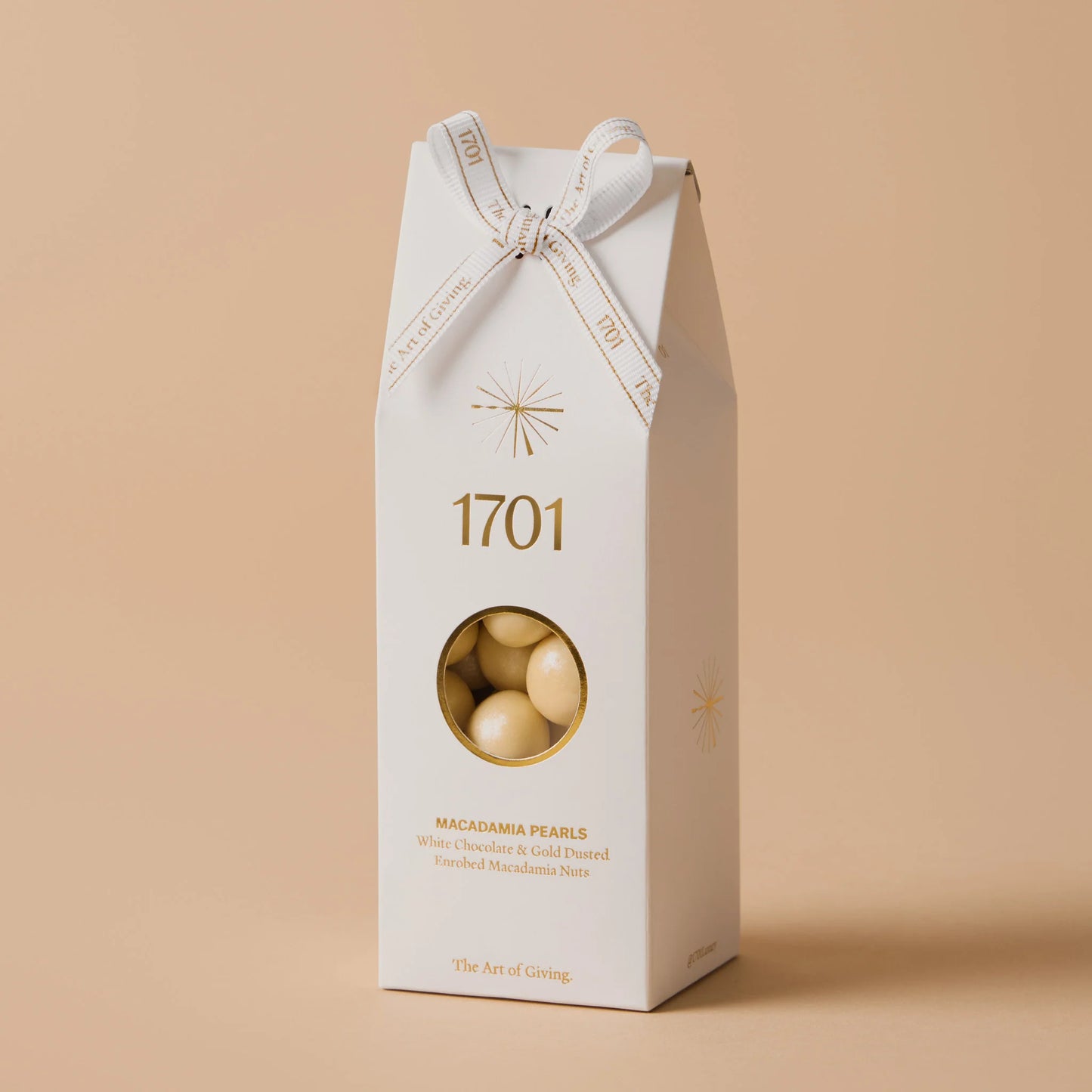 1701 White chocolate and gold dusted enrobed macadamia pearls 200 g 