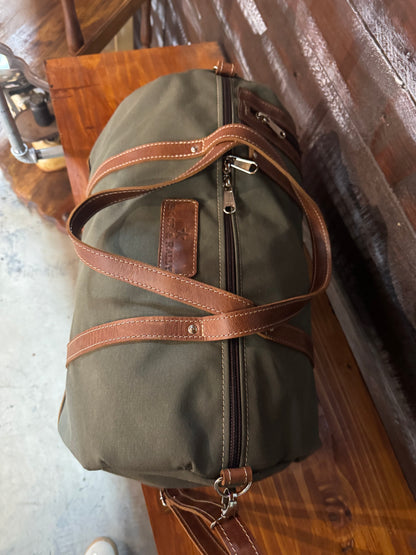 Green Canvas and Chestnut leather Safari Duffle bag
