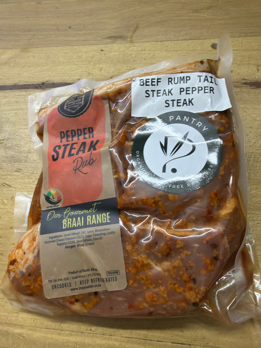 Beef rump tail steak pepper steak rub 500g average ￼