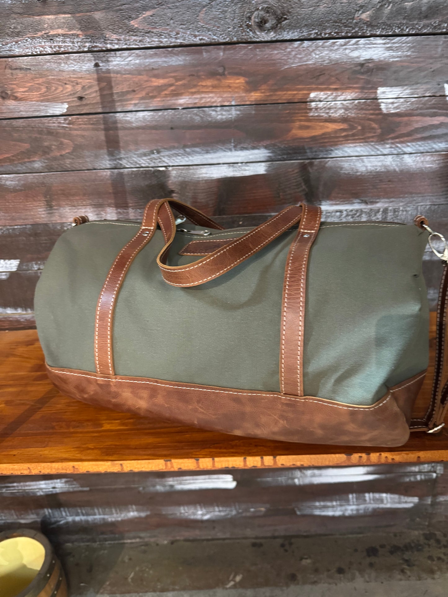 Green Canvas and Chestnut leather Safari Duffle bag