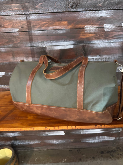 Green Canvas and Chestnut leather Safari Duffle bag