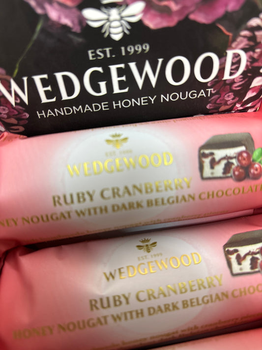 Wedgewood handmade honey nougat ruby cranberry with dark Belgian chocolate