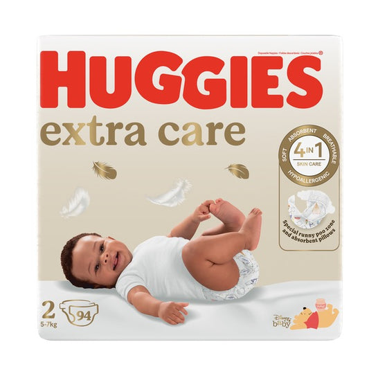 Huggies® Extra Care Disposable Nappies - Size 2 New Baby (Up to 6kg) - 94 Nappies Jumbo Pack