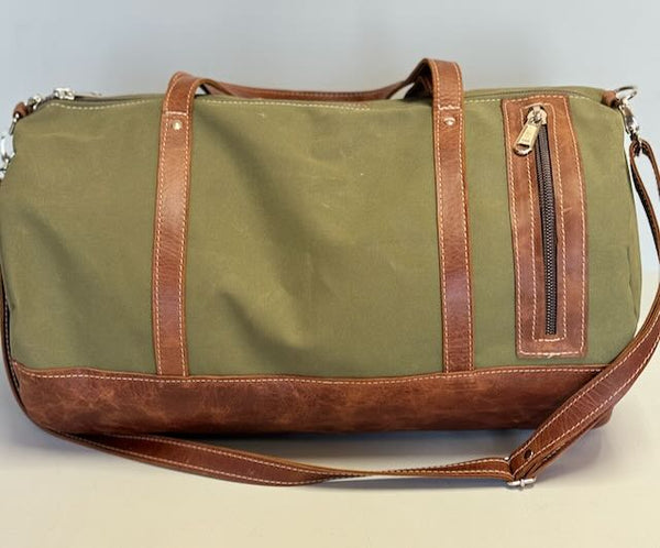 Green Canvas and Chestnut leather Safari Duffle bag